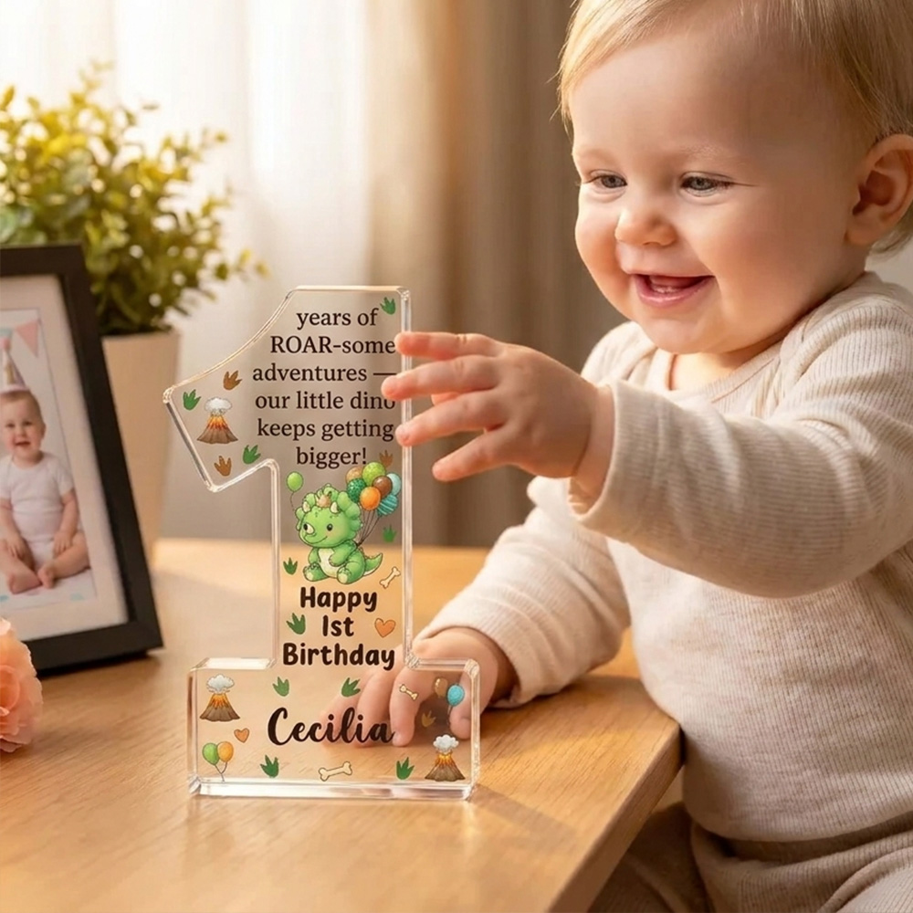 Personalized Dinosaur First Birthday Acrylic Number One Keepsake Baby Boy Gift Cute Green Dino