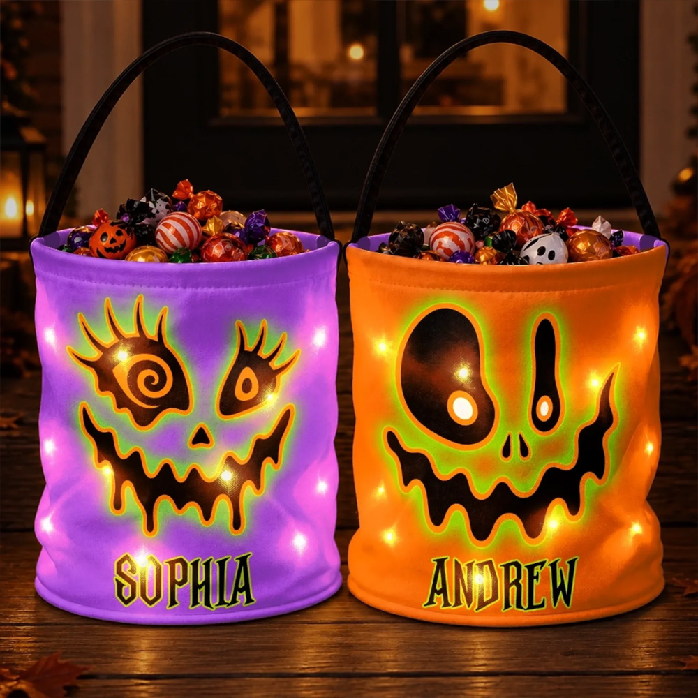 Personalized Halloween Trick Or Treat Bucket Glowing LED Candy Bag Spooky Face Kids Name Custom