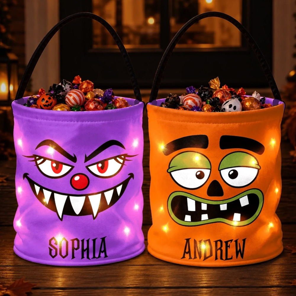 Personalized Halloween Trick Or Treat Bucket Glowing LED Candy Bag Funny Monster Face Kids Name Custom