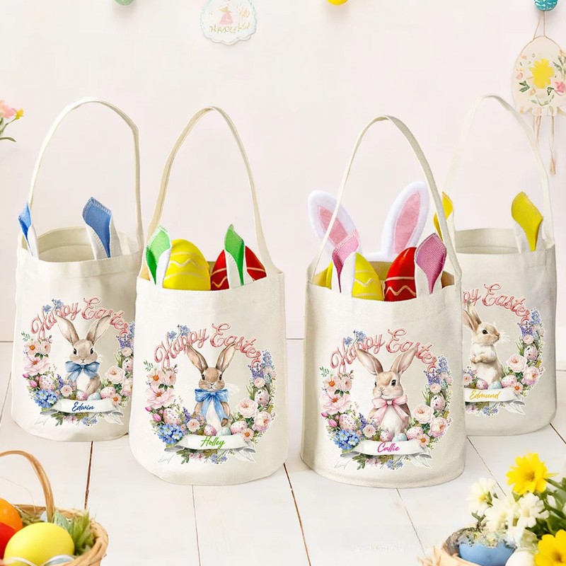 Personalized Wreath Cartoon Rabbit Easter Basket with Name and Bunny Ears Egg Hunting Accessory Easter Gift for Kids
