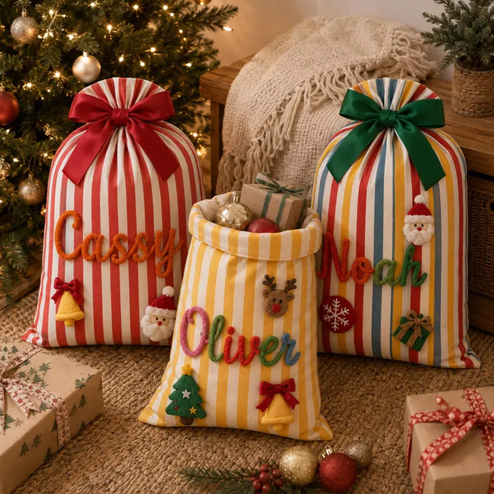 Personalized Striped Christmas Gift Sack Large Name Santa Bag With Gingerbread And Bow Holiday Present Storage For Kids