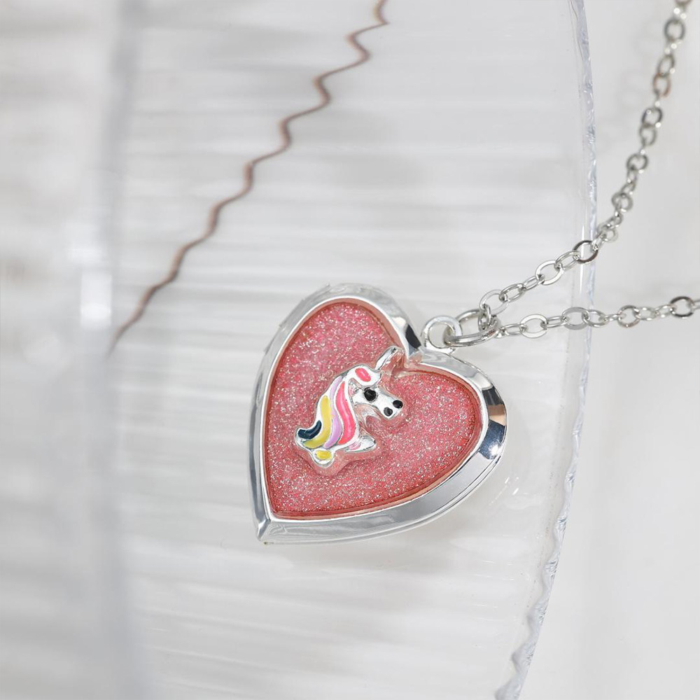 Personalized Rainbow Horse Heart Locket Necklace Cute Magic Themed Jewelry For Girls Keepsake Photo Pendant Gift Fairy Design