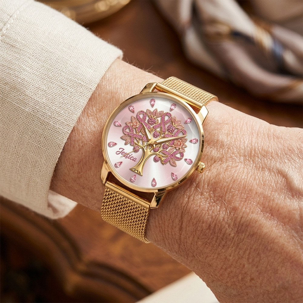 Personalized Tree Of Life Watch Elegant Gold Mesh Strap Ladies Wristwatch Custom Name Gift For Breast Cancer Warrior