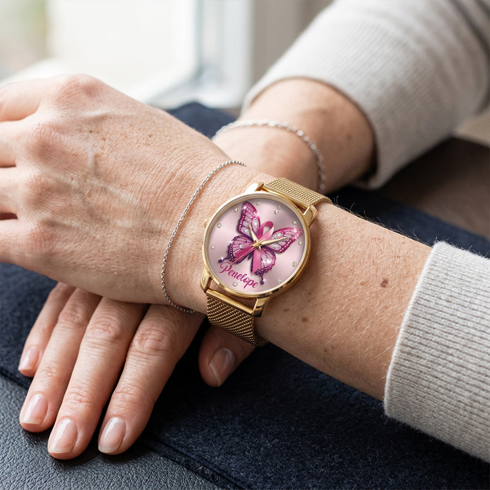 Personalized Breast Cancer Awareness Butterfly Watch Mesh Strap Pink Ribbon Ladies Wristwatch Custom Name Support Gift