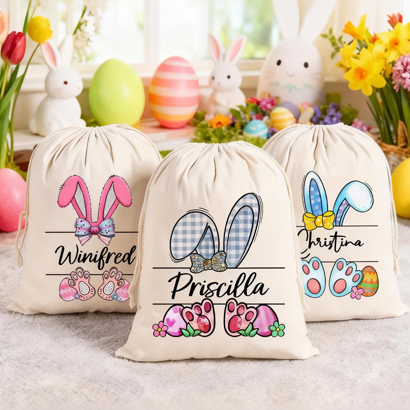 Personalized Bunny Drawstring Bags Custom Name Bunny Designs for Egg Hunts Easter Party Favors Bunny Drawstring Bags Reusable Easter Bags