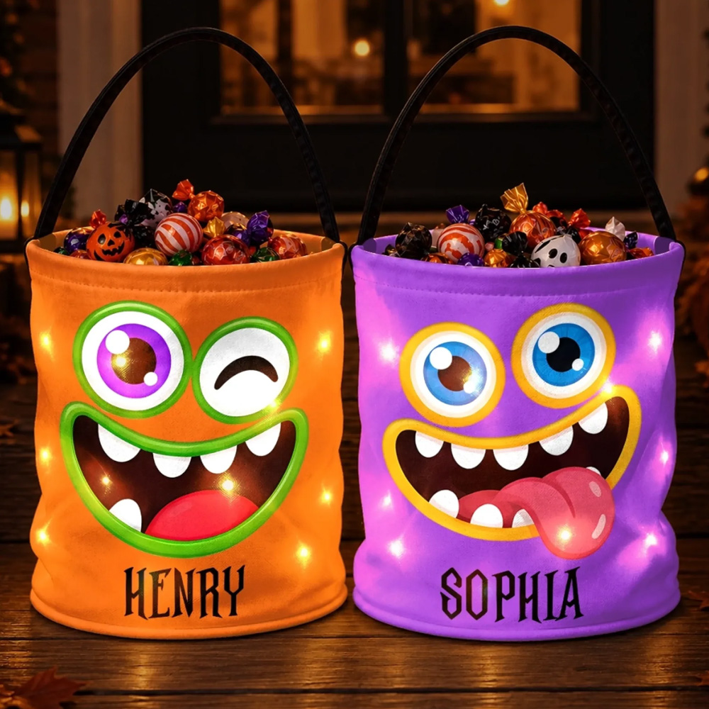 Personalized Halloween Birthday Gifts For Kids Our Little Monsters Custom LED Light Bucket Bag