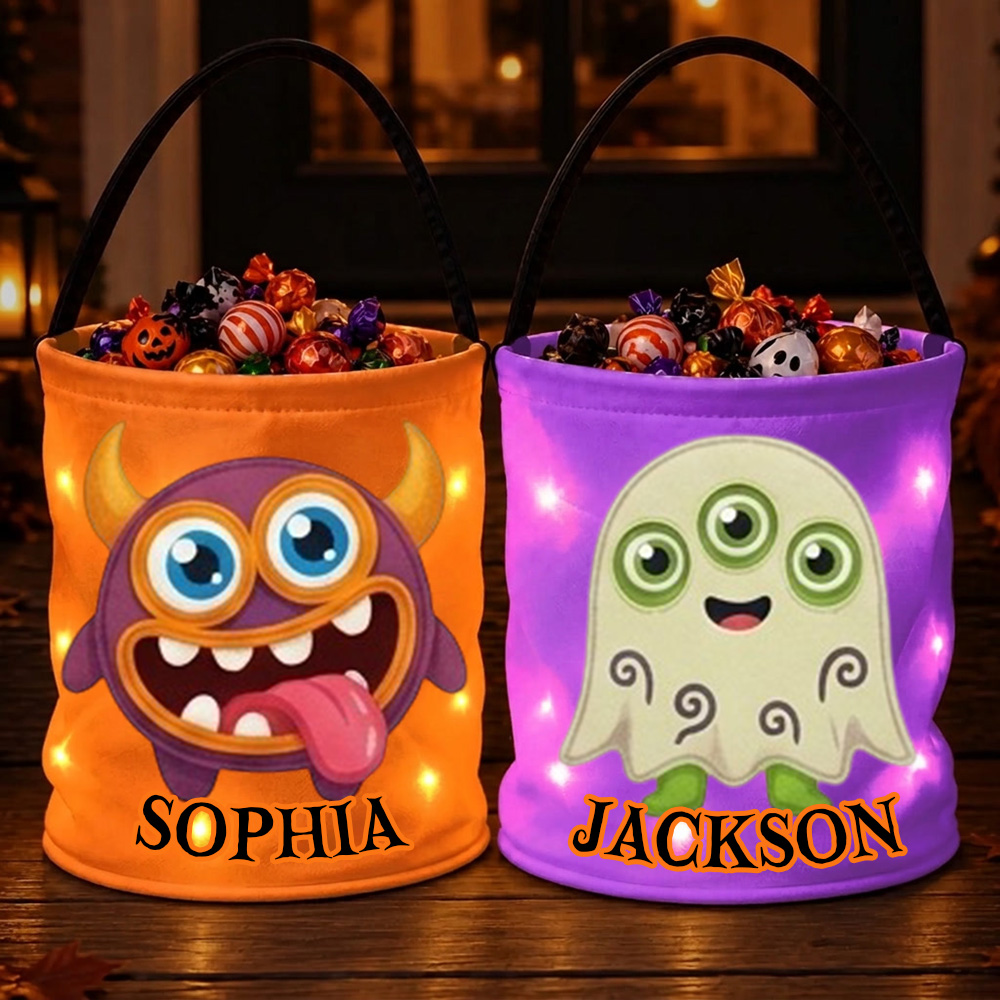 Personalized Halloween Monster Candy Bucket Kids Trick Or Treat Bag With Name Cute LED Light Up Tote Reusable Fabric Candy Holder