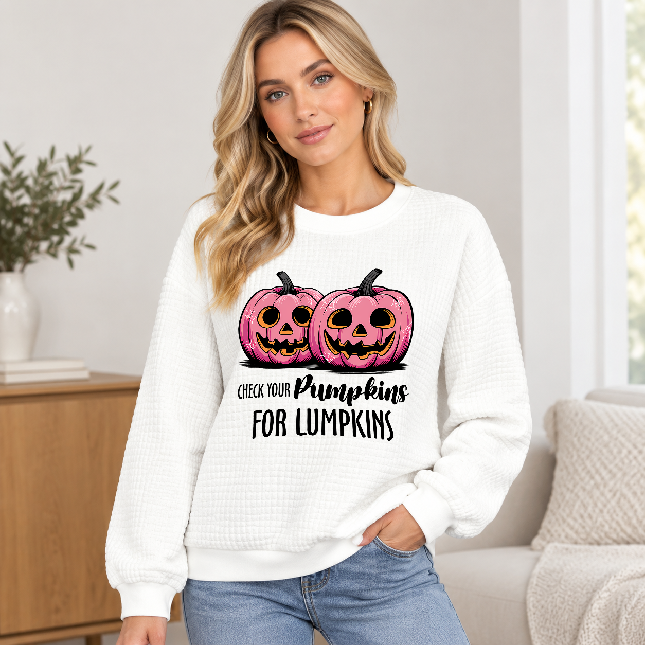 Cute Cartoon Pumpkin Graphic Waffle Knit Pullover, Funny Humor‑Themed Women’s Sweatshirt, Autumn Halloween Casual Long‑Sleeve Shirt