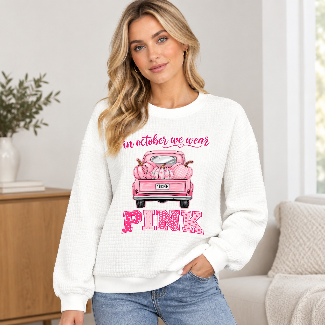 Women's Cute Pink Truck Pumpkin Waffle Knit Sweatshirt, Cartoon Fall Graphic Pullover, Casual Autumn Long-Sleeve Top