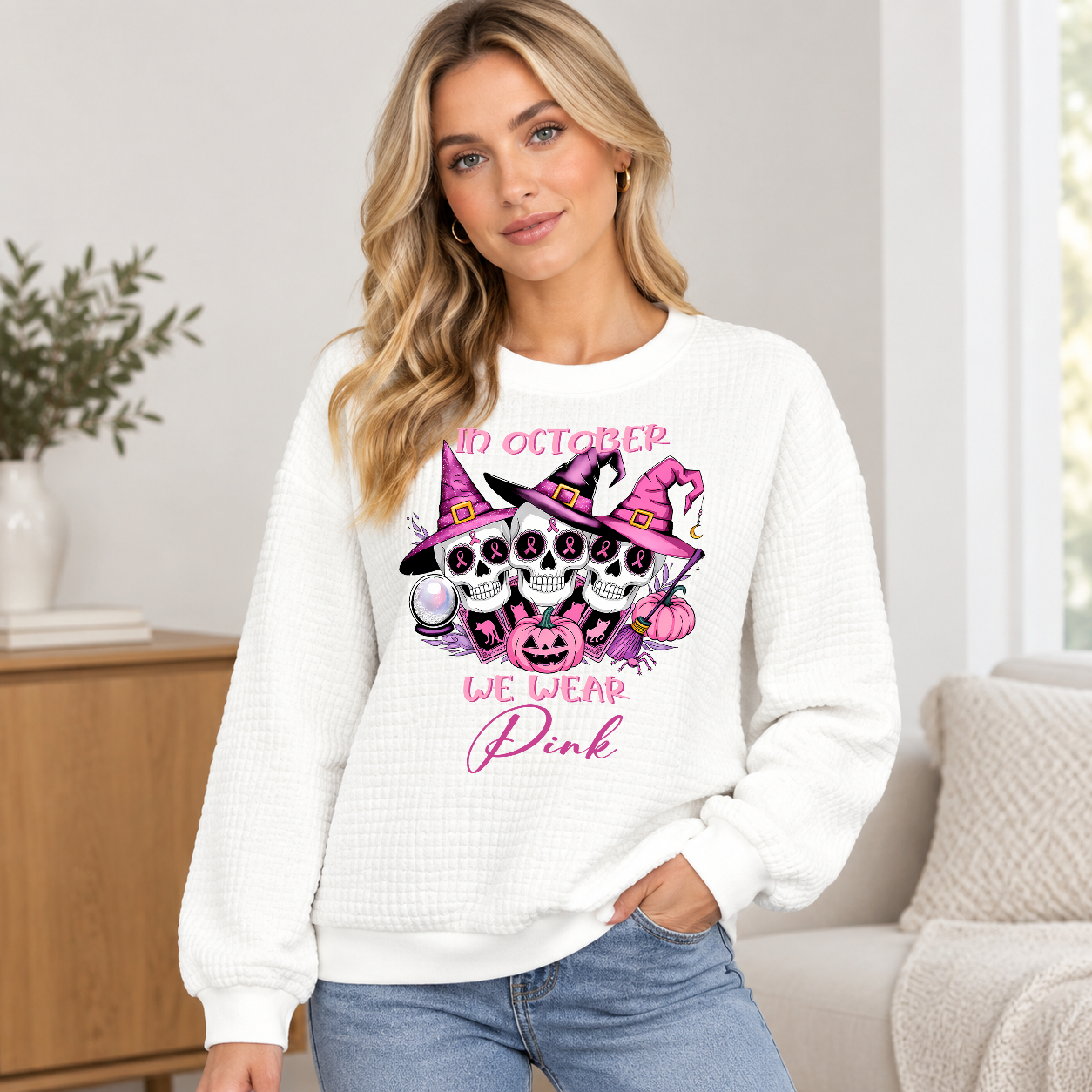 Women’s Cartoon Skull Witch Pumpkin Waffle Knit Sweatshirt, Spooky Halloween Fall Graphic Pullover, Casual Long‑Sleeve Autumn Top