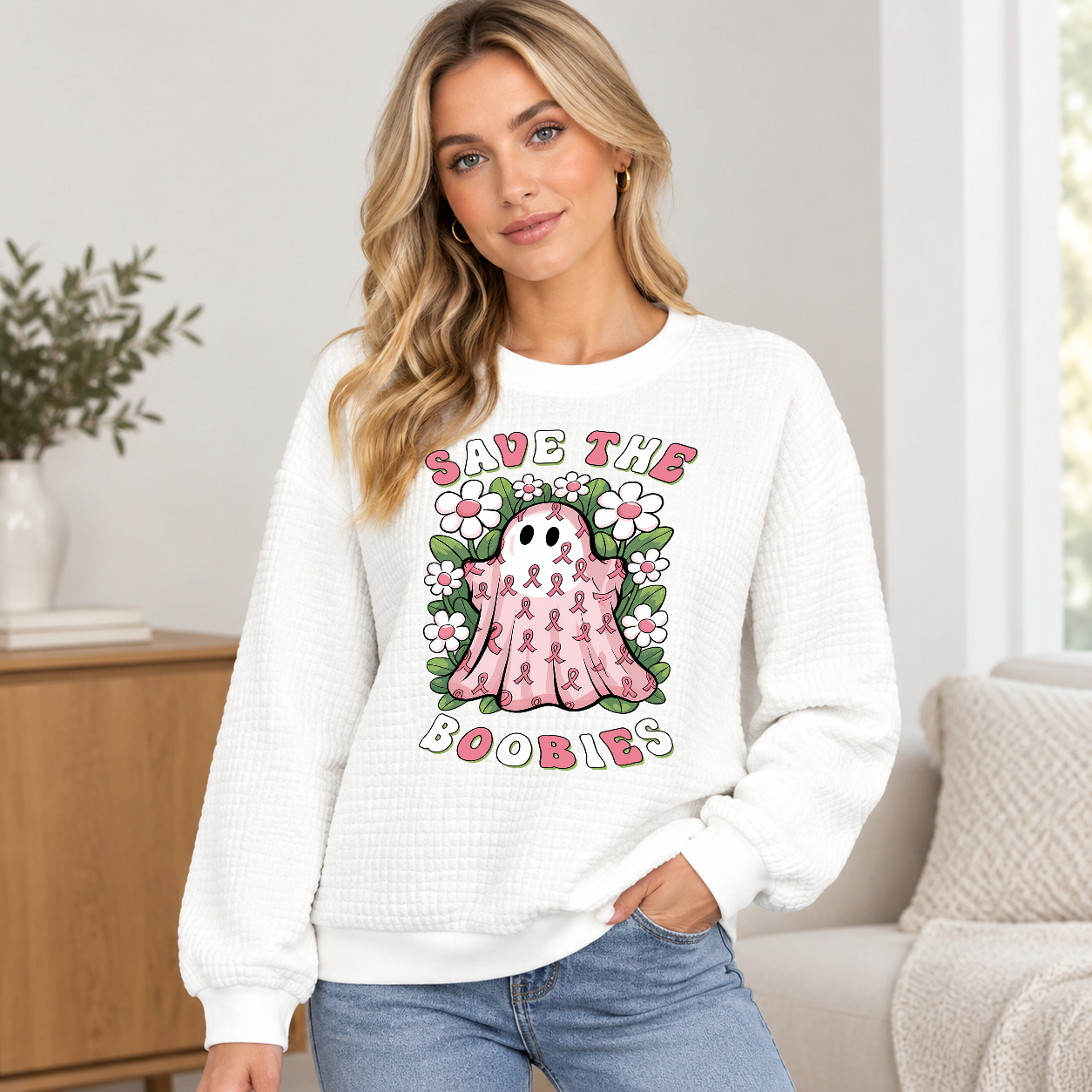Women's Cute Cartoon Ghost Pink Ribbon Waffle Knit Sweatshirt, Halloween Flower Graphic Pullover, Breast Cancer Awareness Casual Long-Sleeve Top