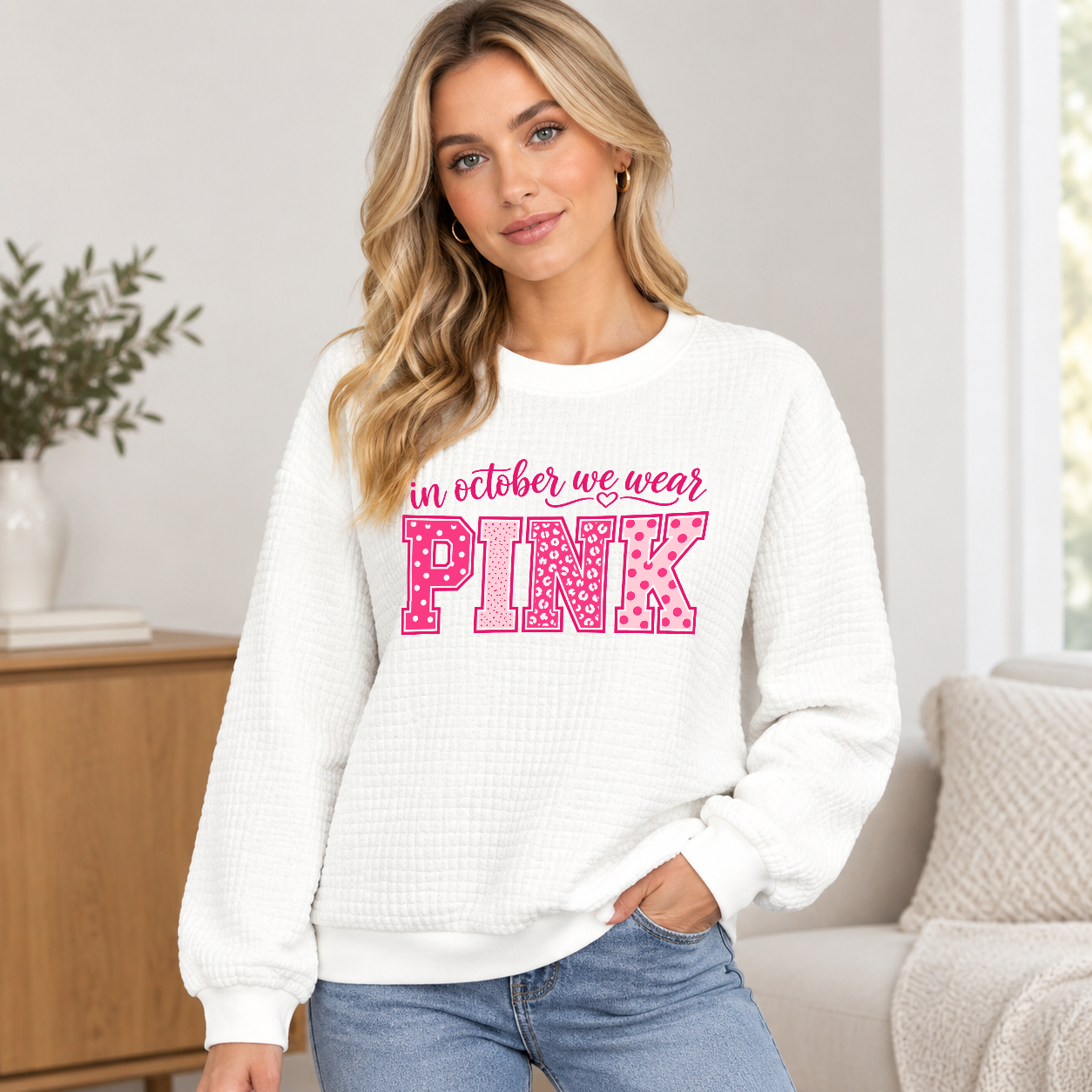 1Women’s Relaxed‑Fit Waffle‑Knit Pullover, Stylish Pink Leopard & Polka‑Dot Graphic Sweatshirt, Fall Breast Cancer Awareness Casual Wear