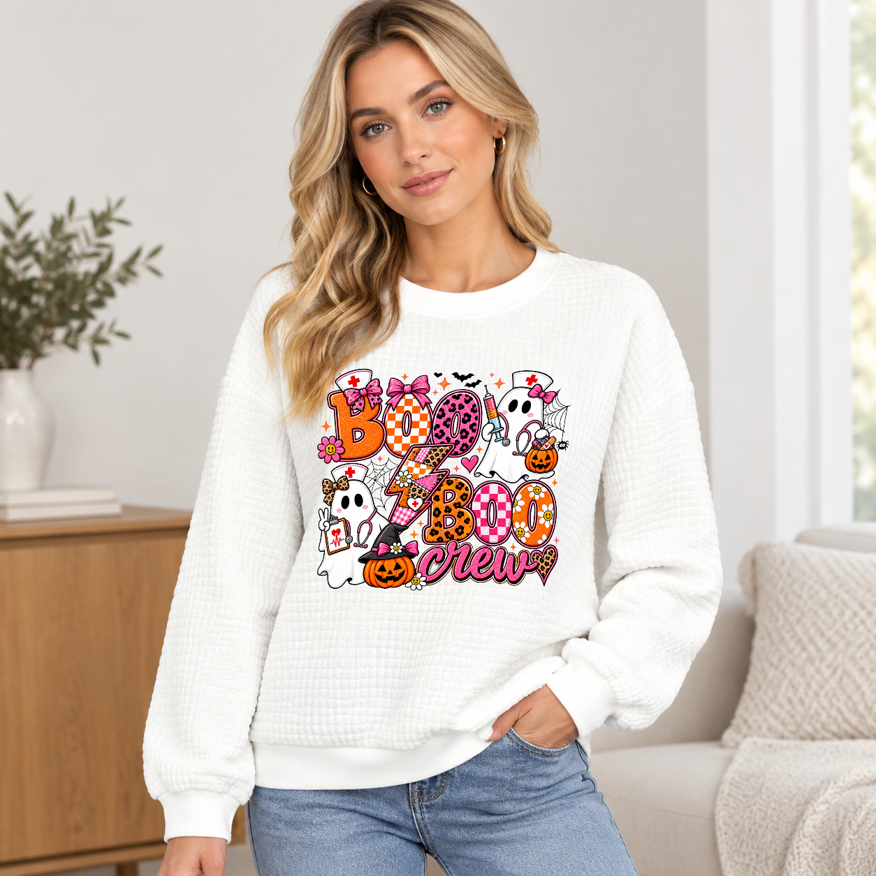 Women's Waffle-Knit Long-Sleeve Pullover, Playful Cartoon Nurse Ghost & Pumpkin Halloween Graphic Sweatshirt, Casual Autumn Wear
