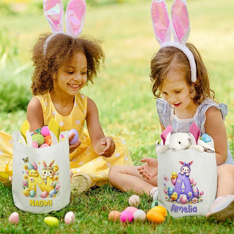 Personalized Cartoon Easter Bunny Ears Large Capacity Basket with Name and Initial Easter Eggs Hunting Party Easter Gift for Kids