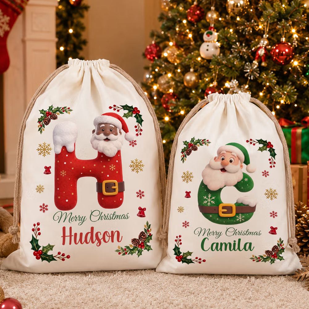 Personalized Merry Christmas Santa Claus Canvas Drawstring Gift Bag with Name and Initial Christmas Eve Gift for Kids