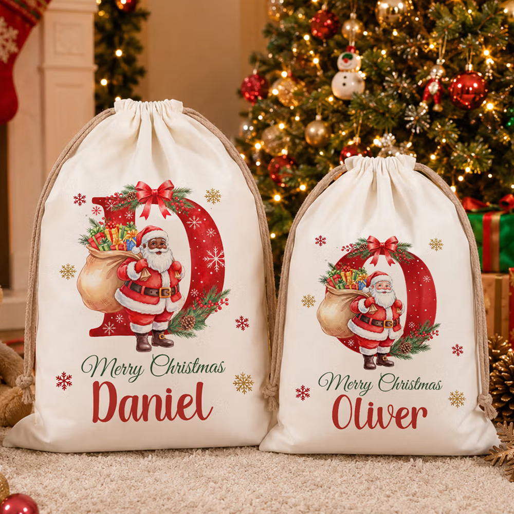 Personalized Merry Christmas Santa Claus Canvas Drawstring Gift Bag with Name and Initial Christmas Eve Party Gift for Kids