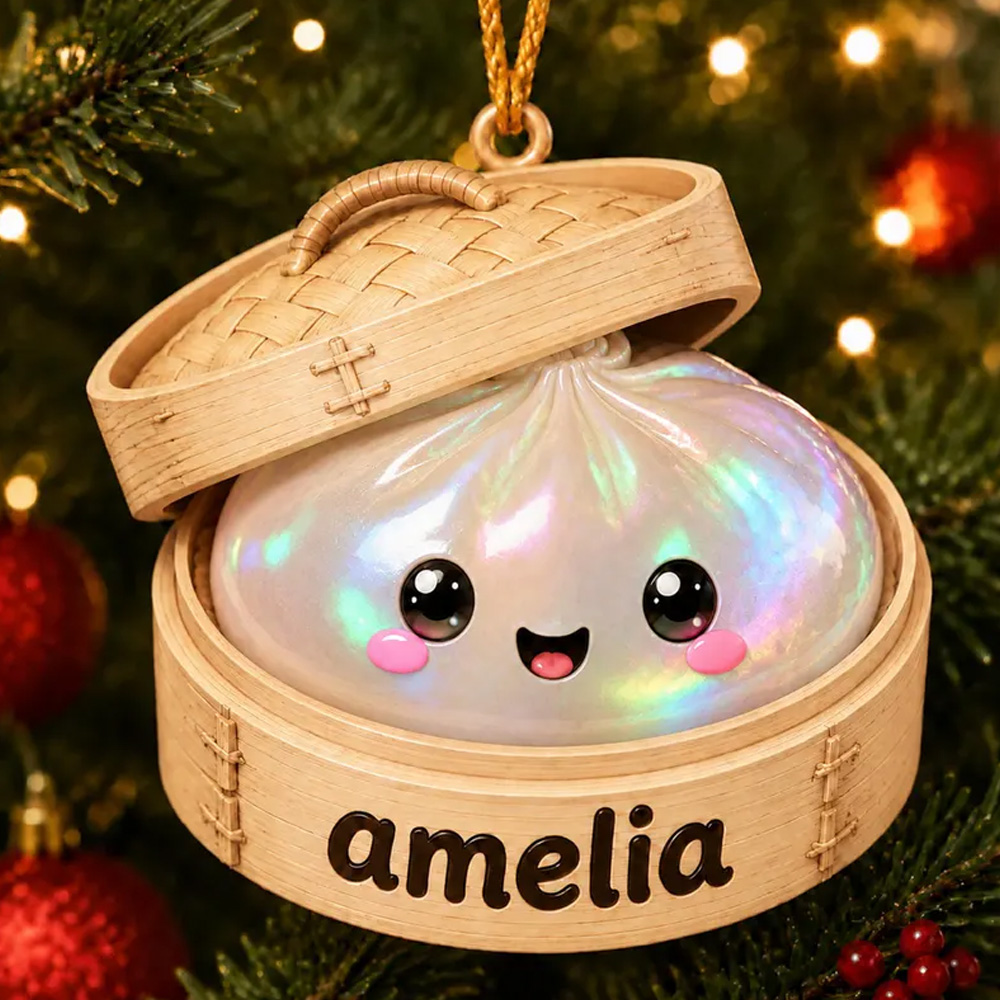 Personalized Kawaii Glitter Dumpling Christmas Ornament Cute Squishy Bao Custom Name Rainbow Pastel Kids Holiday Tree Decoration 