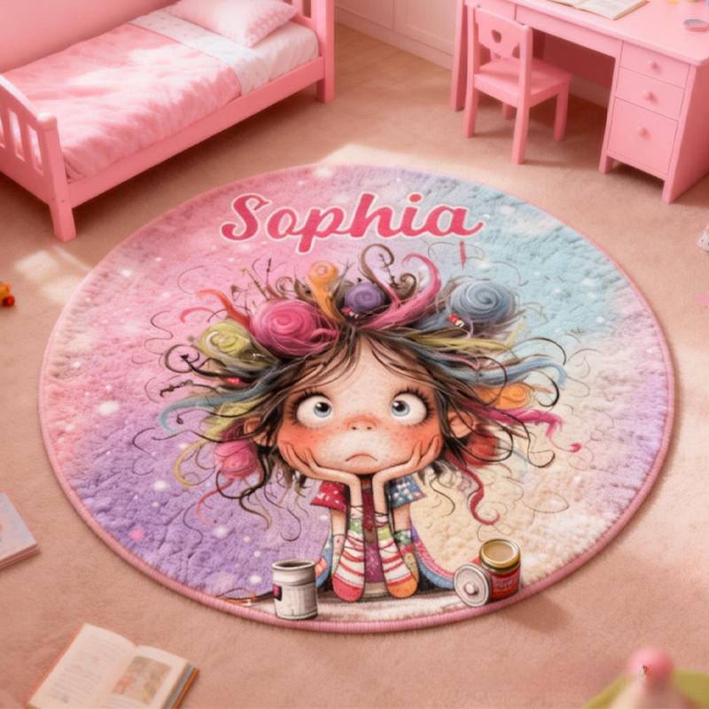Personalized Multicolor Quirky Cartoon Girl Rug with Name Home Decor Birthday Gift for Girls Women