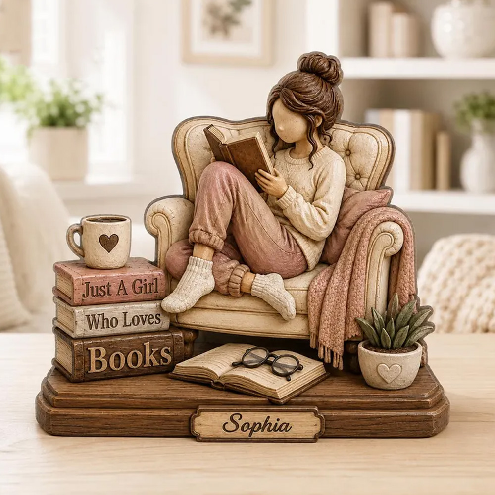 Personalized Cozy Book Lover Figurine Girl Reading On Chair Custom Name 3D Printed Sculpture Unique Gift For Readers Friends Bedroom Decor