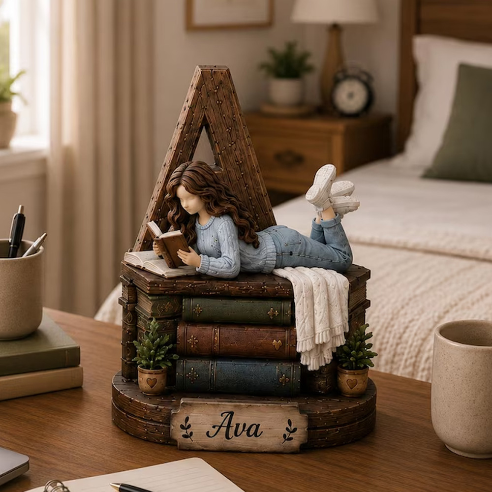 Personalized Book Lover Letter Decor Girl Reading On Chair Custom Name Initial Monogram Gift For Readers Bedroom Desk Shelf Home Ornament