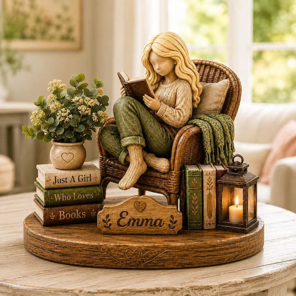 Personalized Book Lover Figurine Girl Reading On Chair Custom Name Gift For Readers Cozy Bedroom Desk Shelf Home Decor Ornament