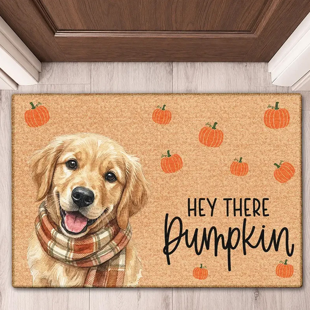 Personalized Doormat Photo Watercolor Pet With Autumn Accessories Hey There Pumpkin