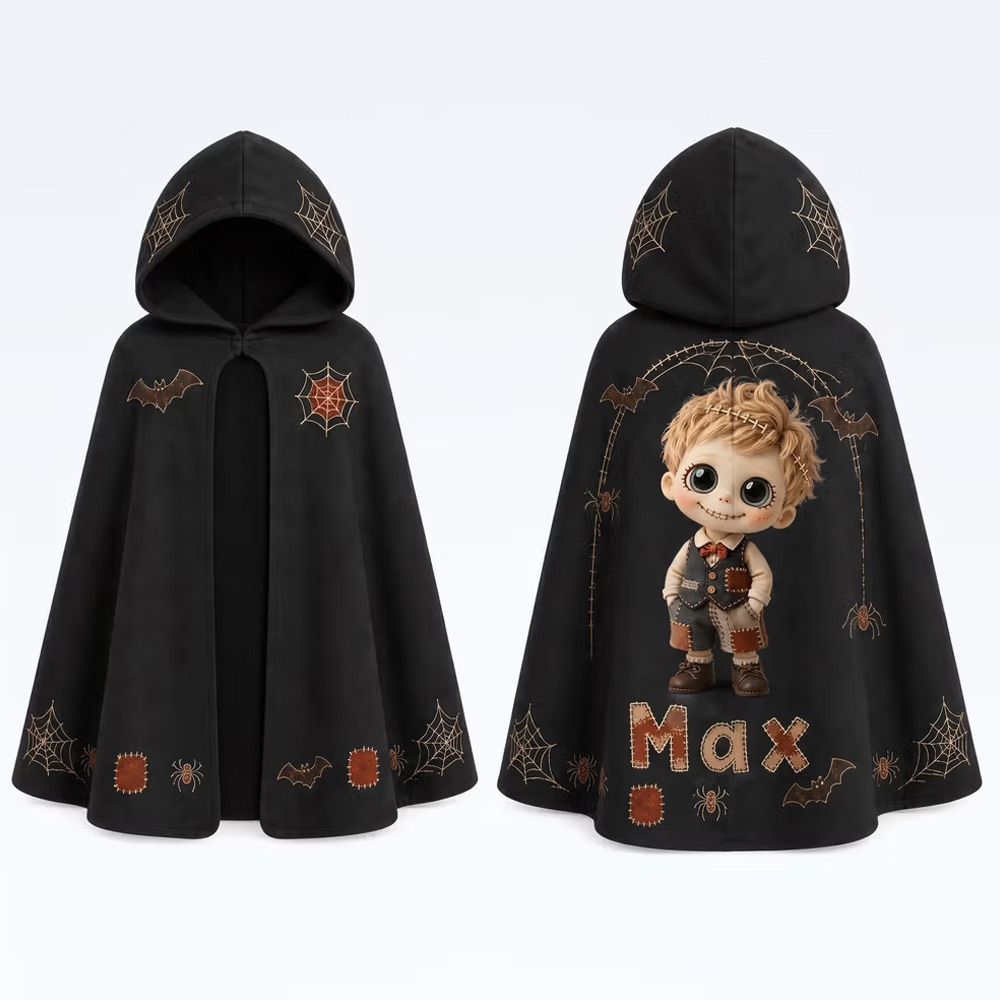 Personalized Kids Halloween Hooded Cloak with Custom Name Photo Patchwork Cartoon Boy Cape Trick or Treat Party Costume for Toddlers Boys Girls