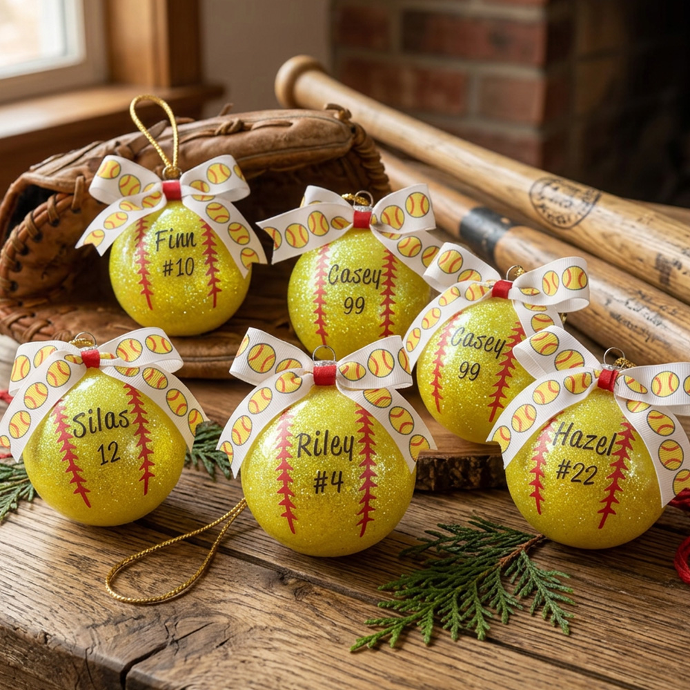 Personalized Softball Bow Ornament with Name and Number Home Tree Decor Sports Team Christmas Gift for Softball Players Lovers