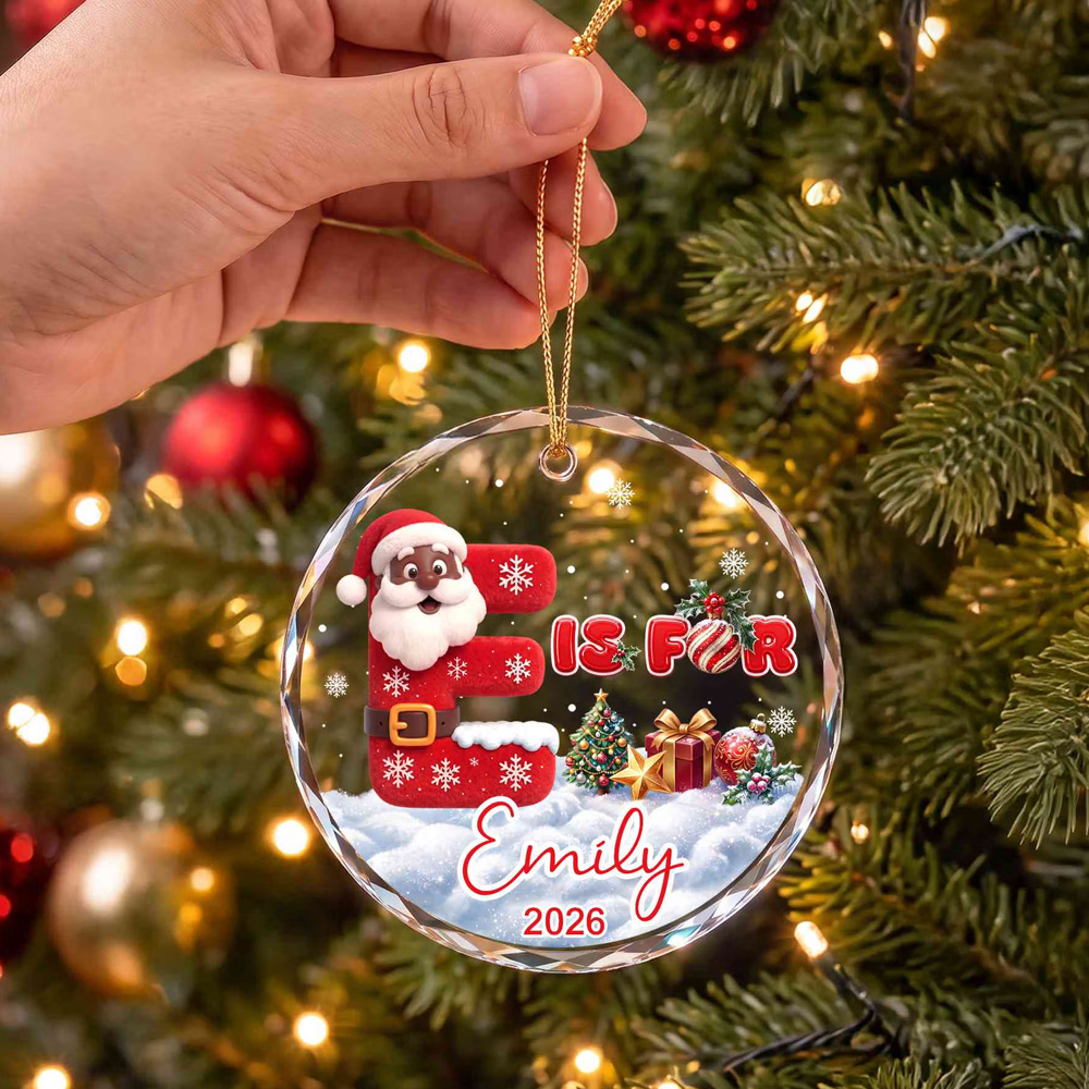Personalized Santa Claus Alphabet Christmas Ornament with Name Year Glass Holiday Tree Hanging Decor Christmas Gift for Kids and Family