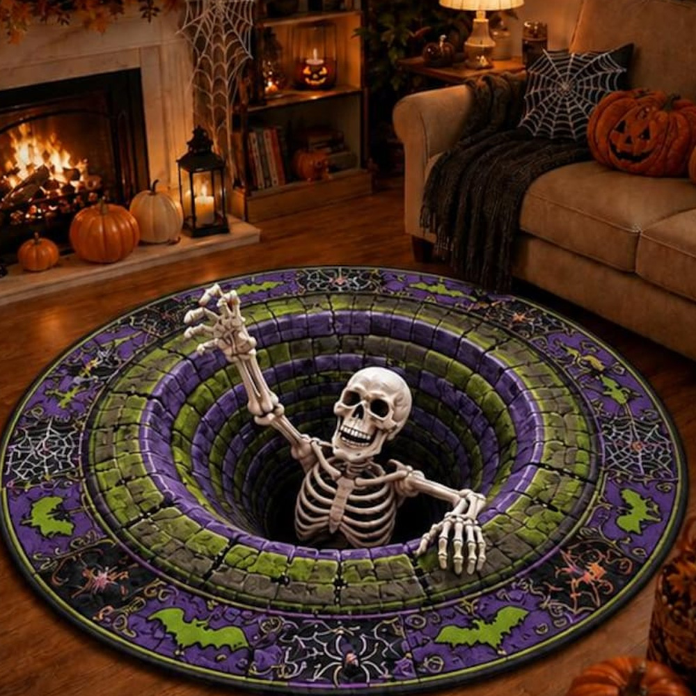 Personalized Halloween Skeleton Rug 3D Hole Illusion Round Floor Mat Spooky Pumpkin Bat Decor For Home Living Room Entry Party