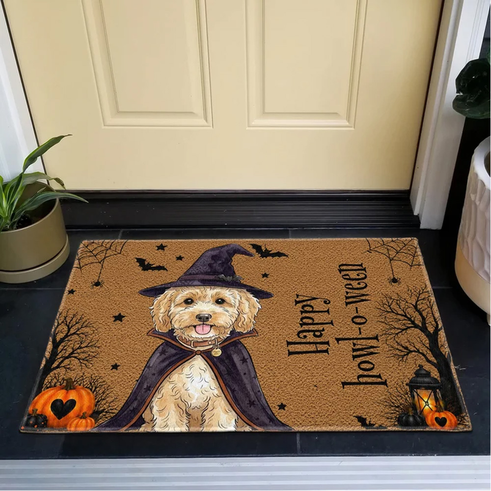 Personalized Doormat Custom Pet Portrait Watercolor Art Happy Halloween