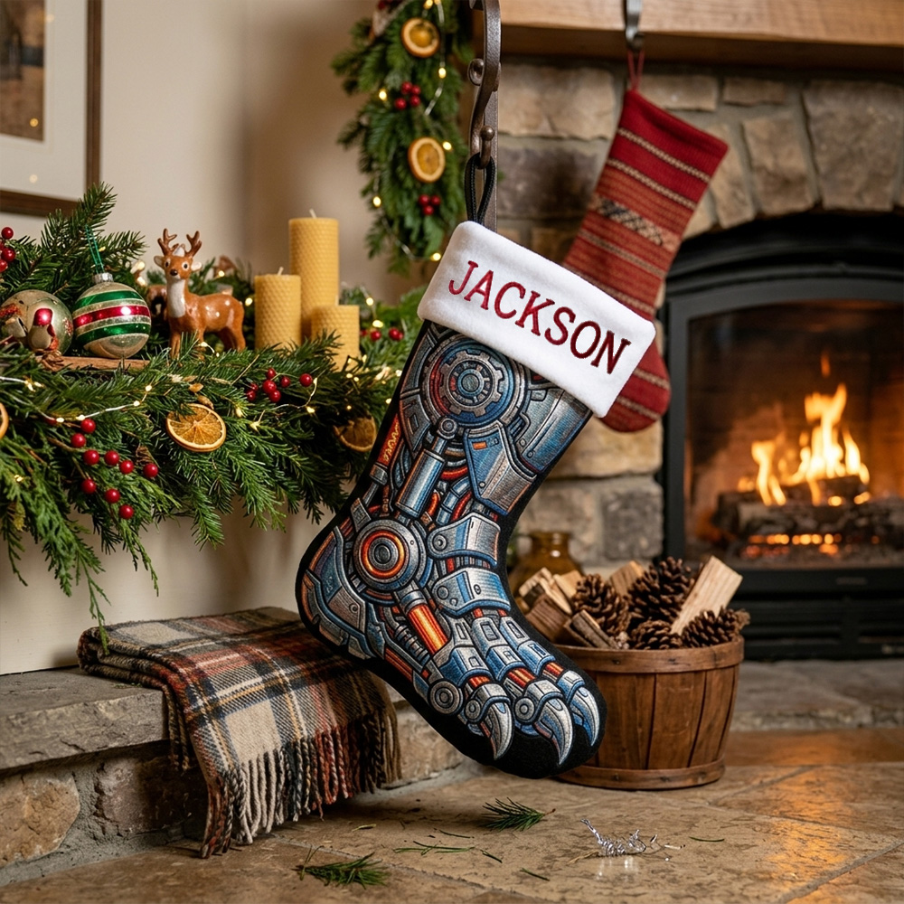 Personalized Christmas Stocking Custom Name Mechanical Dinosaur Inspired Holiday Sock Unique Fireplace Decor Gift For Kids And Fans