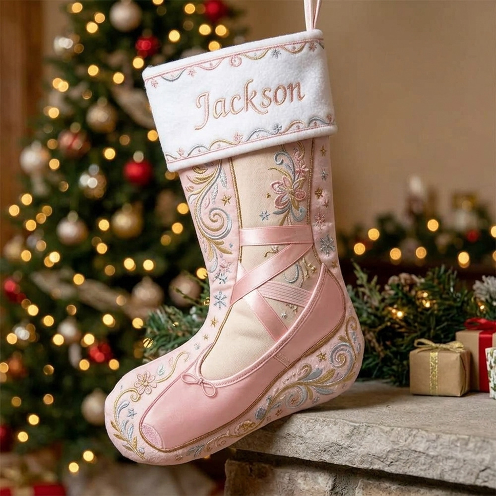 Personalized Ballet Christmas Stocking Custom Name Pink Ballerina Shoe Holiday Sock For Girls Kids Nursery Fireplace Mantel Decor