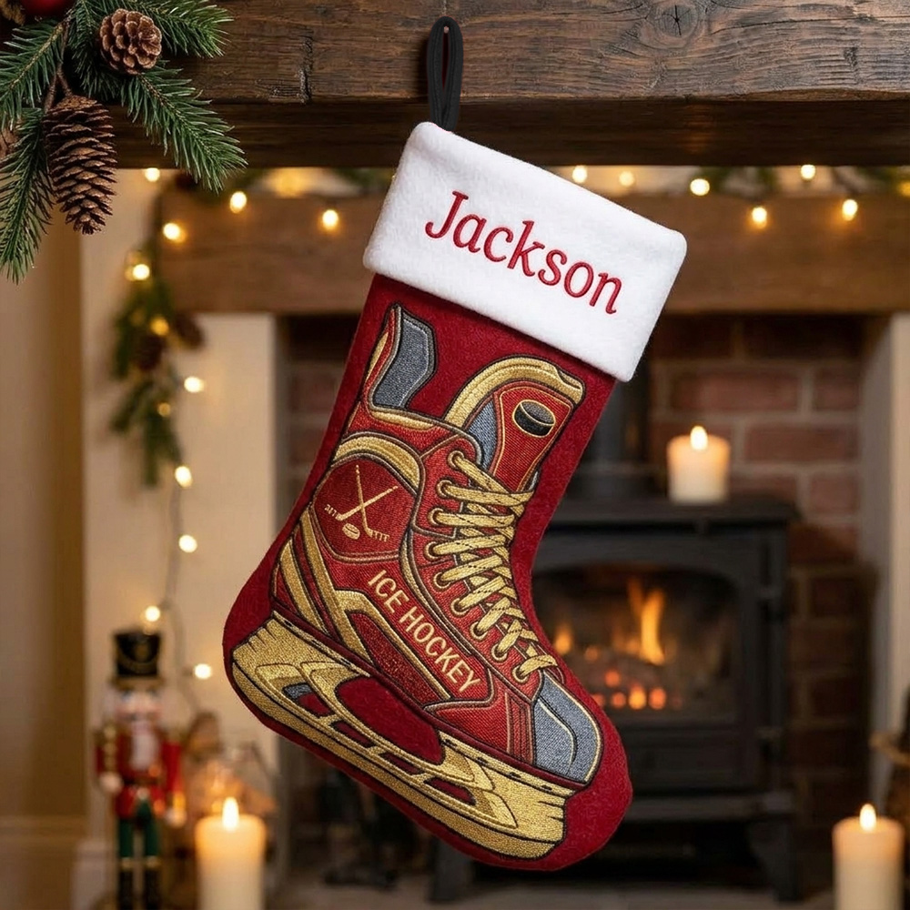 Personalized Hockey Christmas Stocking Custom Name Ice Skate Holiday Sock For Boys Kids Sports Lovers Fireplace Mantel Winter Decor