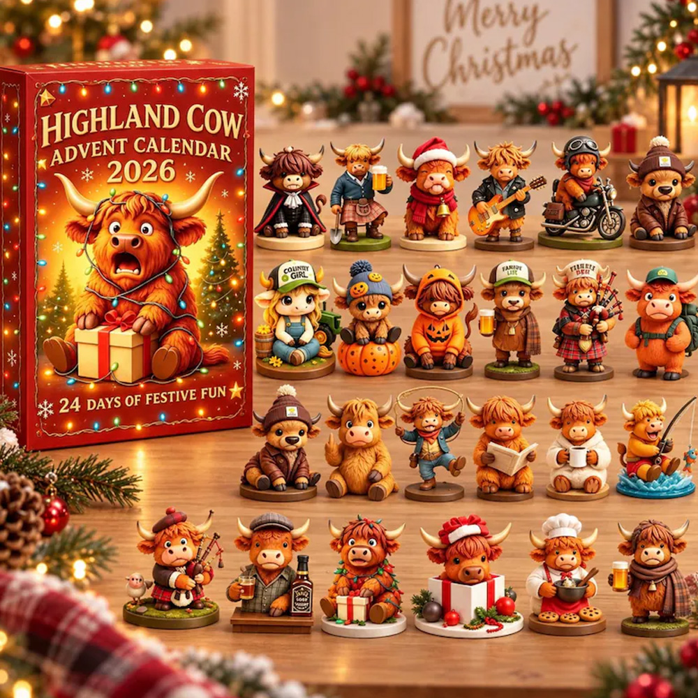 Highland Cow Advent Calendar 2026 24 Days Christmas Countdown 3D Collectible Figurines Farmhouse Holiday Decor Gift for Cow Lovers