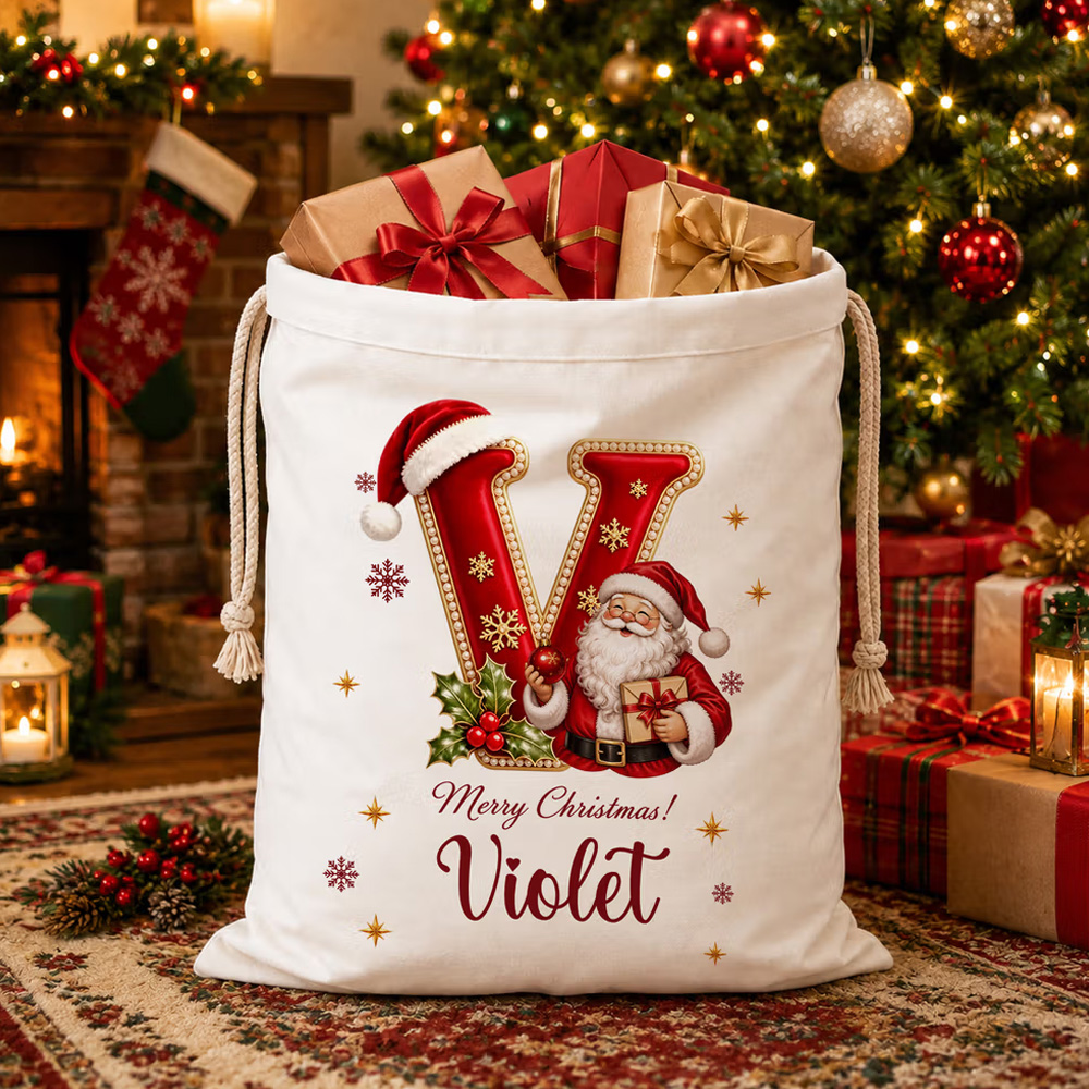 Personalized Merry Christmas Santa Claus Canvas Drawstring Gift Bag with Name and Initial Christmas Eve Party Gift for Kid