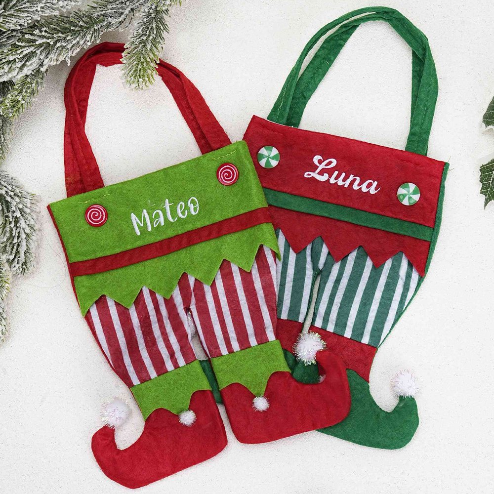Personalized Name Embroidered Elf Christmas Stocking Festival Fireplace Christmas Tree Hanging Ornament Home Decor Christmas Gift for Family and Kids