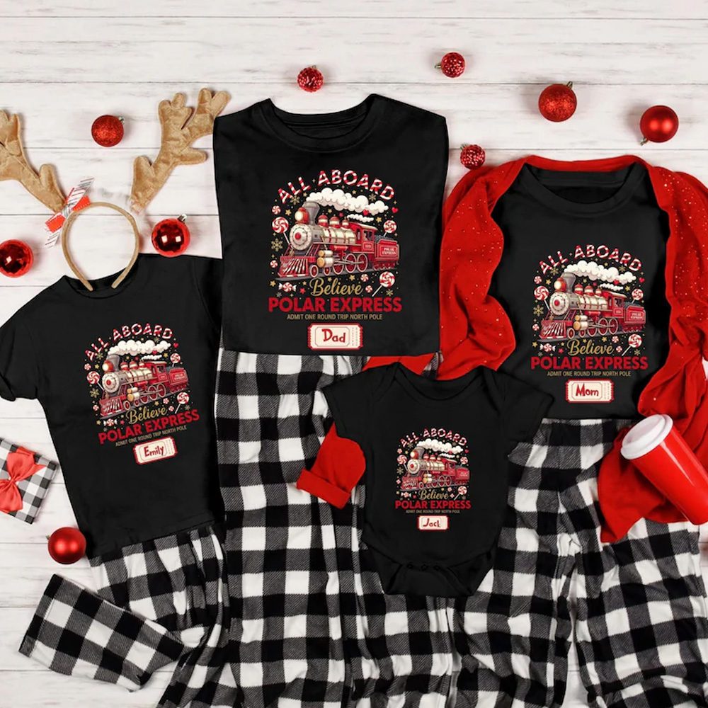 Personalized Family Christmas Polar Express Matching Shirt Custom Name Train Print Holiday Sleepwear Mommy Daddy Kids Outfit