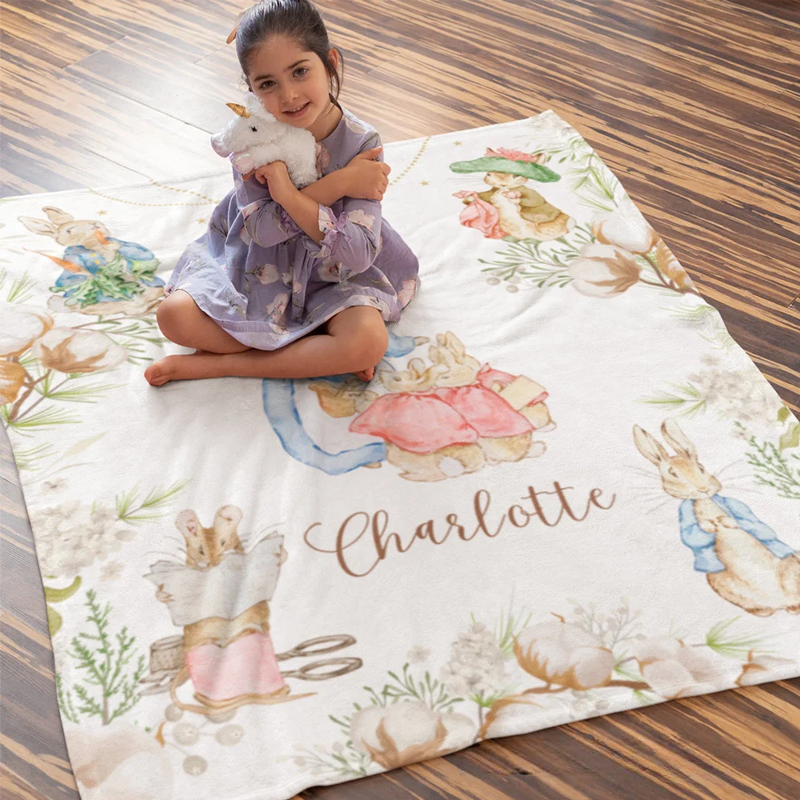 Personalized Easter Rabbit Soft Throw Blanket with Name Home Decor Easter Birthday Baby Shower Gift for Newborn Kids