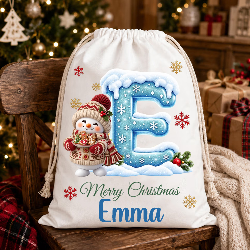Personalized Kids Christmas Gift Sack Snowman Initial Letter Tote Bag Custom Name Holiday Present Storage For Child Xmas Morning Gifts