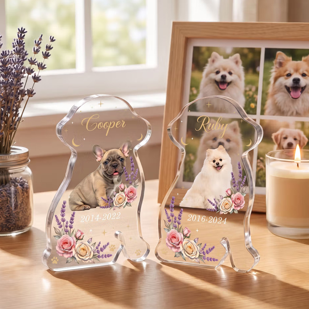 Personalized Flower Dog Portrait Star Dog Shaped Acrylic Ornament with Name and Year Home Decor Memorial Sympathy Pet Loss Gift for Pet Owner