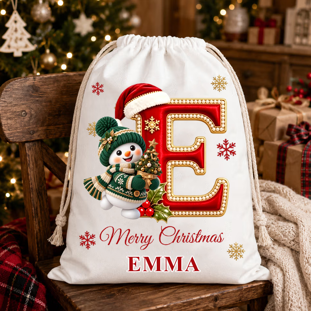 Personalized Initial Christmas Gift Bag Custom Name Santa Sack Large Drawstring Present Bag For Kids Holiday Morning Toy Storage Xmas Tote