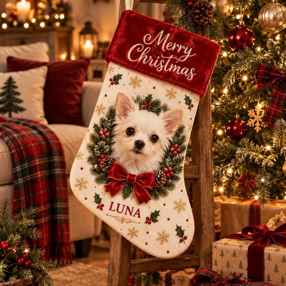 Personalized Dog Photo Christmas Stocking Custom Pet Name Merry Christmas Stocking For Dogs Puppy Lovers Fireplace Mantel Holiday Decor Xmas Gift