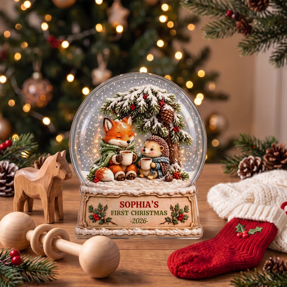 Personalized Artwork Fox Hedgehog Crystal Ball Clear Acrylic Plaque with Name and Year Home Decor Baby's 1st Christmas Gift for New Baby