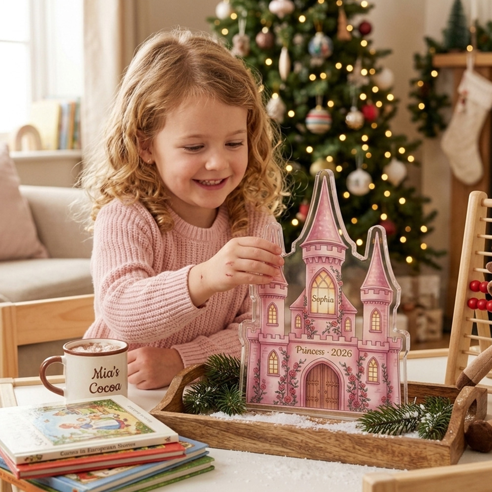 Personalized Princess Castle Acrylic Plaque Custom Name Christmas Palace Gift For Girls Kids Bedroom Nursery Fairy Tale Pink Decor Ornament