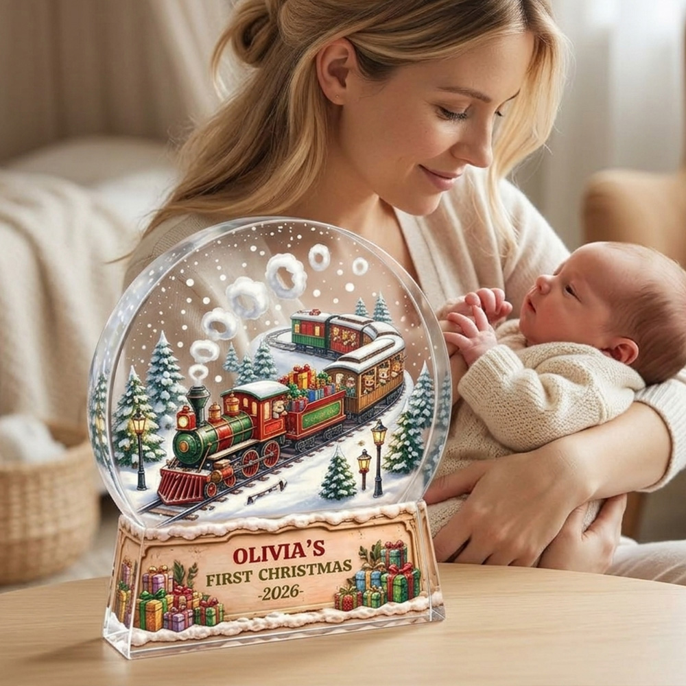 Personalized First Christmas Train Snow Globe Acrylic Plaque Custom Baby Name Year Holiday Keepsake Gift For Newborn Mom Parents Nursery Decor