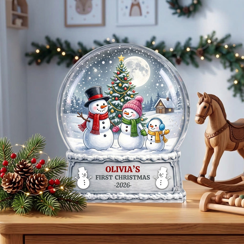 Personalized Snowman Family Snow Globe Acrylic Plaque Custom Name First Christmas Baby Keepsake Holiday Winter Decor Gift For Kids Nursery