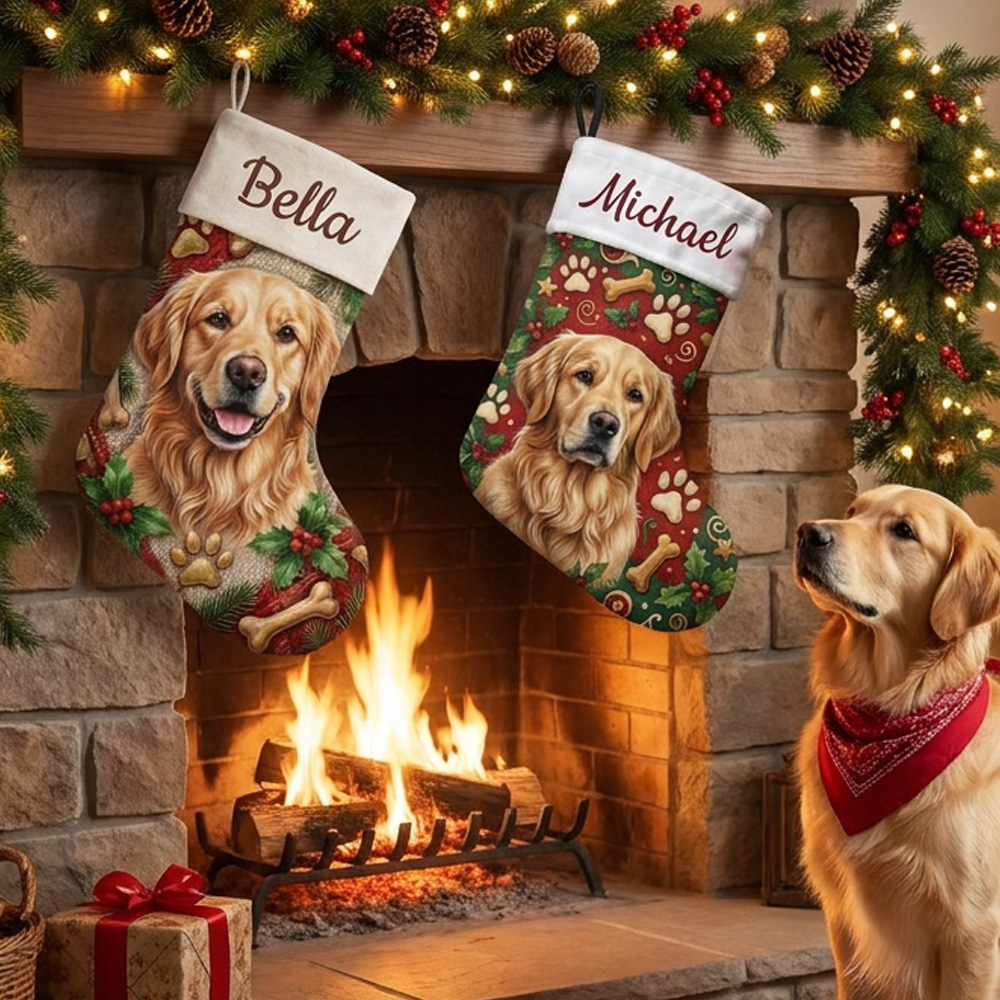 Personalized Pet Christmas Stocking Custom Pet Name Photo Golden Retriever Gift For Dog Lovers Holiday Fireplace Mantel Decoration