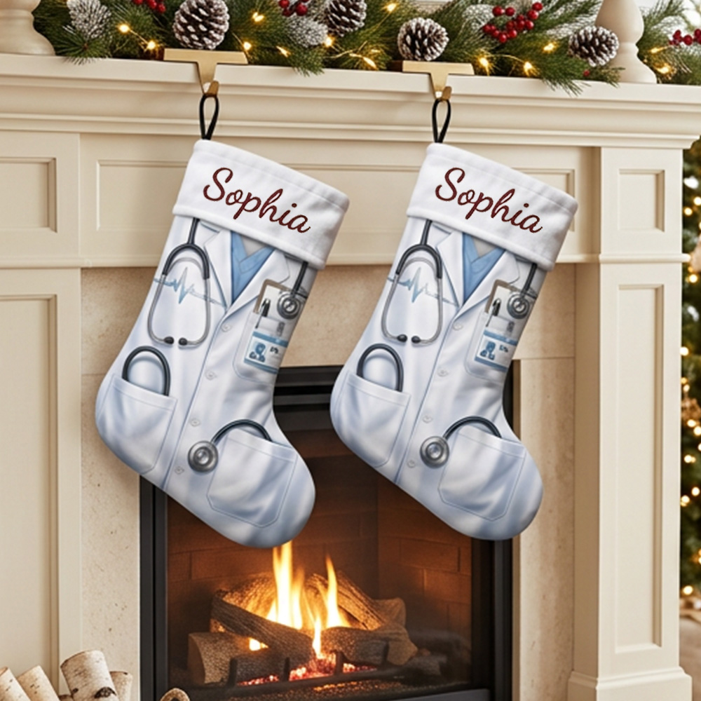 Personalized Nurse Christmas Stocking Custom Name Stethoscope Scrubs Medical Symbols Gift For Mom Worker Holiday Fireplace Mantel Decoration