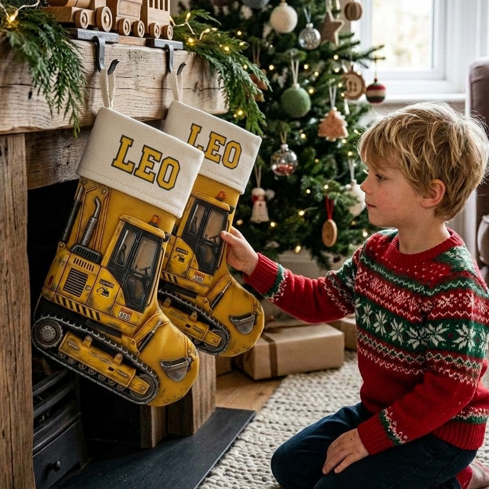 Personalized Construction Christmas Stocking Custom Name Yellow Excavator Truck Gift For Kids Toddler Boys Holiday Fireplace Mantel Decoration